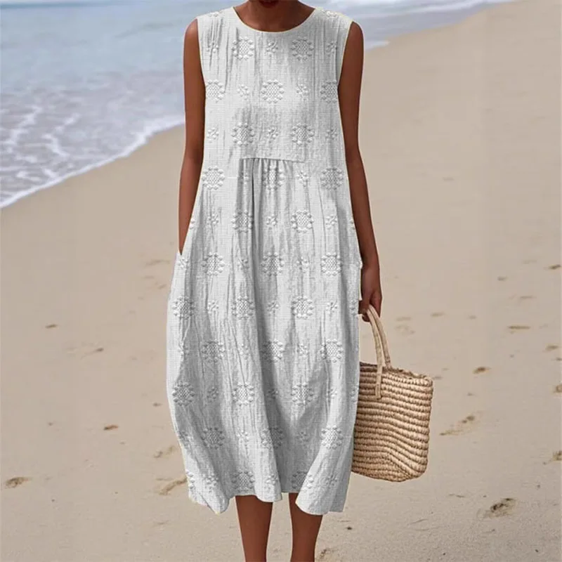 Robe longue plissée avec poches imprimées Vintage, col ras du cou, ample, style Boho, sans manches, décontractée, pour la plage, printemps, été