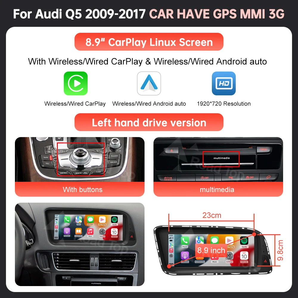 1920*720 RoadTop Linux Touchscreen Multimedia Display Voor Audi Q5 2009-2017 Met Draadloze CarPlay Android Auto Airplay Autolink