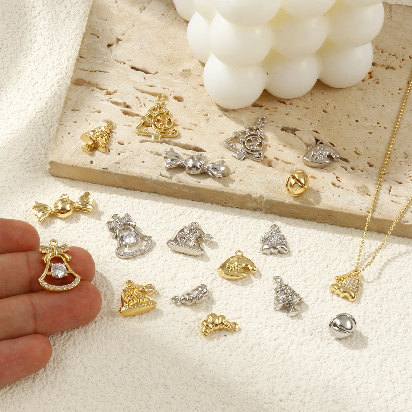 2Pcs Brass Christmas Charms Clear Cubic Zirconia Christmas Hat Bell Christmas Tree Pendants For Necklace Earrings Jewelry Making