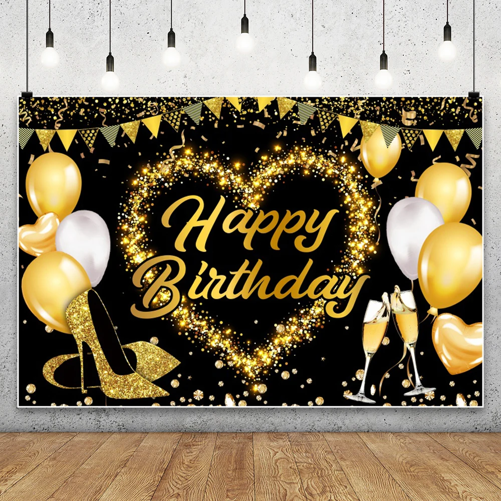 Фон с днем рождения, черные золотые воздушные шары, шампанское, декор для дня рождения, фон для фотосъемки на заказ, баннер для мужчин и женщин