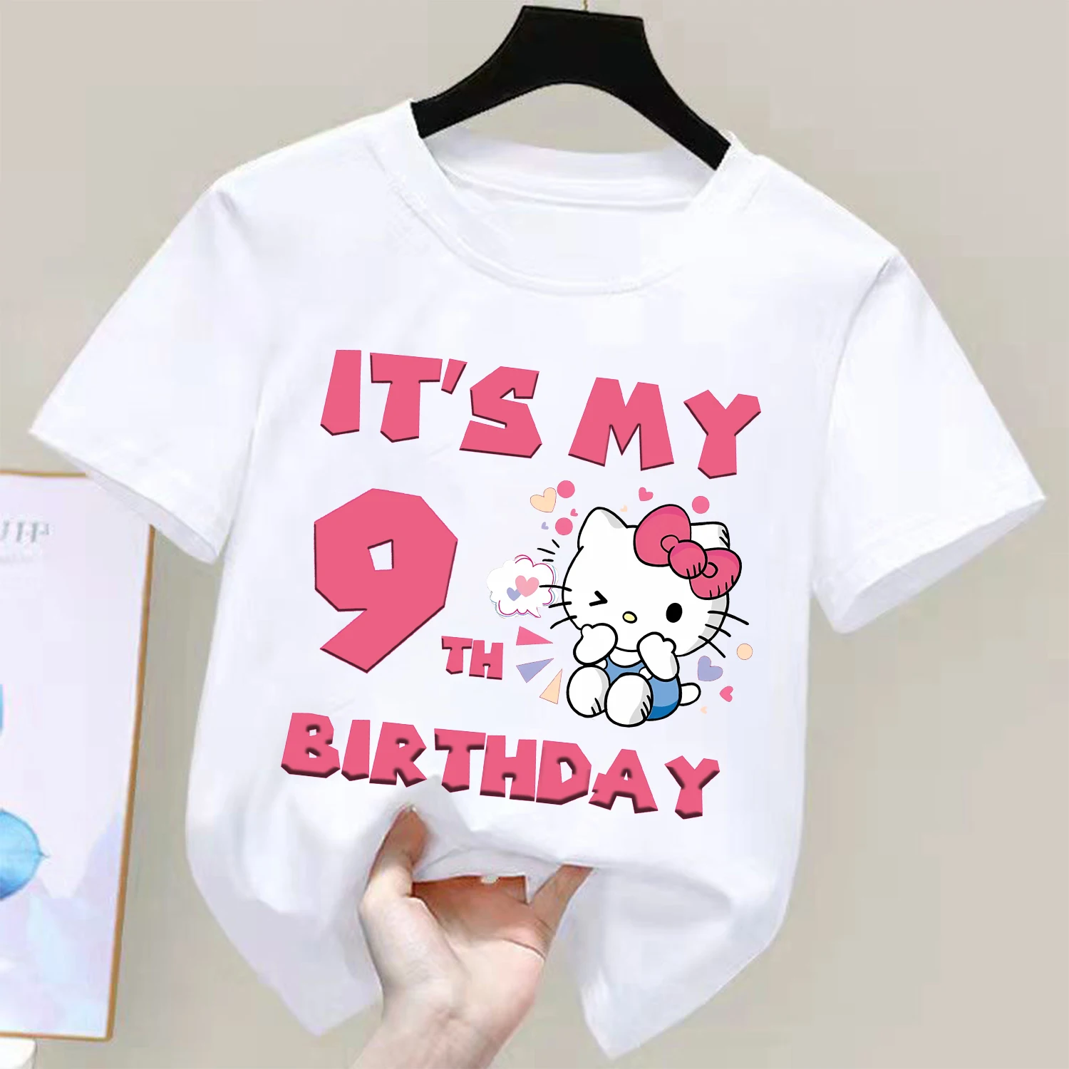 Camiseta con figura de Hello Kitty para niños, camiseta blanca con número de dibujos animados, camiseta de algodón Kawaii de manga corta para niñas, regalo de manga corta