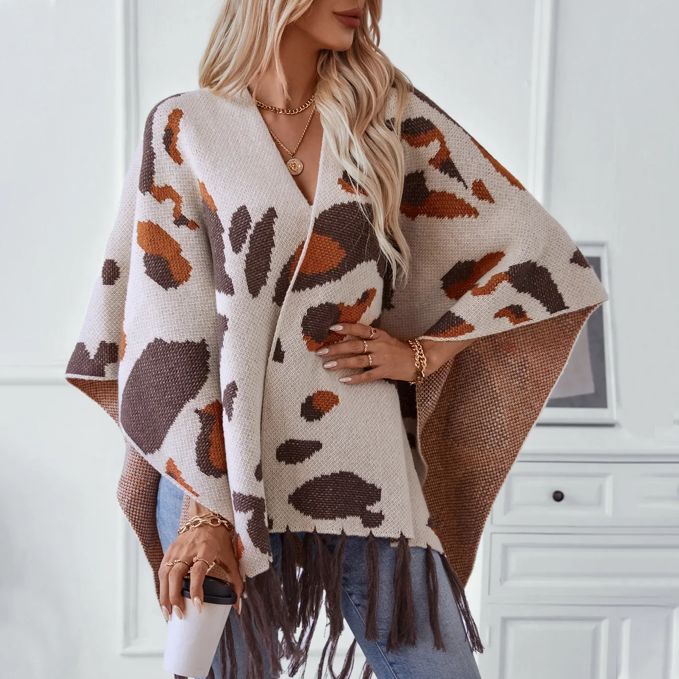 Dames Sjaal Capes Luipaard Print Gebreide Kwastje Poncho 'S Mantel Losse Casual Elegante Splice Jas Herfst Winter Open Steek