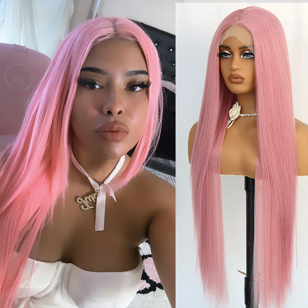 

Aubree Synthetic Lace Front Wig For Women 13*4 Lace Frontal Pre Plucked Pink Hair Long Straight Cosplay Wigs Heat Resistant
