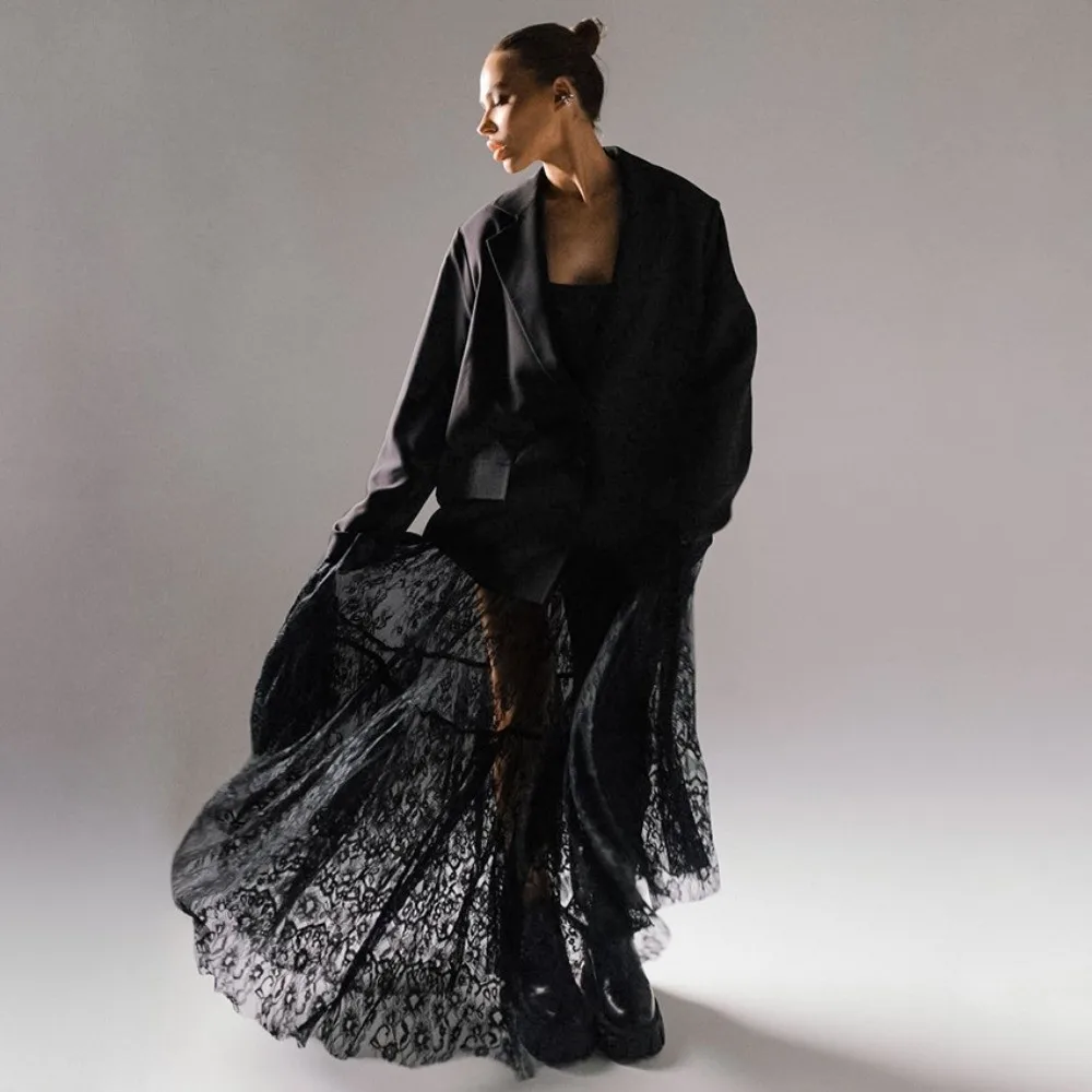 Soft Drape Sheer Lace Skirt Bottom High Waist Mesh Layer Long Garment Long Cut Black Tone Women Daily Wear Photo Shoot