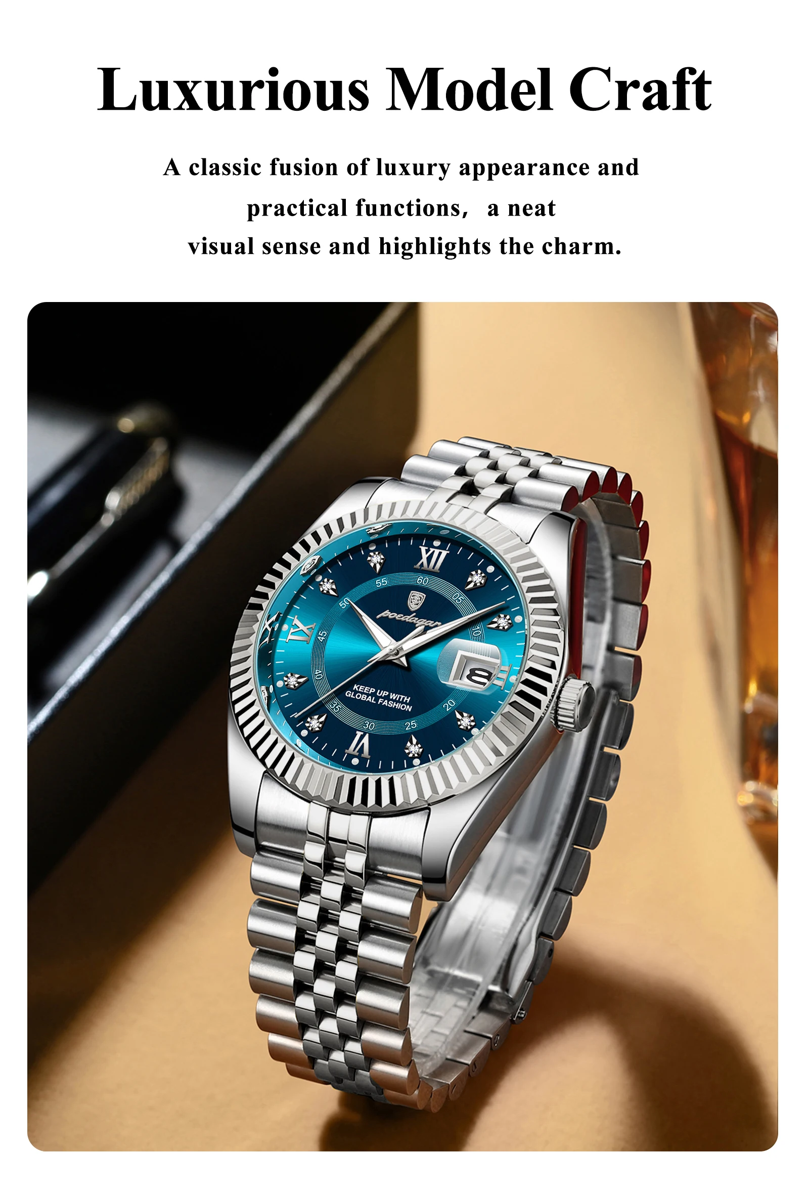 POEDAGAR Original Herren-Armbanduhr Wasserdicht Leuchtend Datum Geschäfts-Männeruhr Edelstahl Quarz Militär-Herrenuhren Reloj – Detail 4