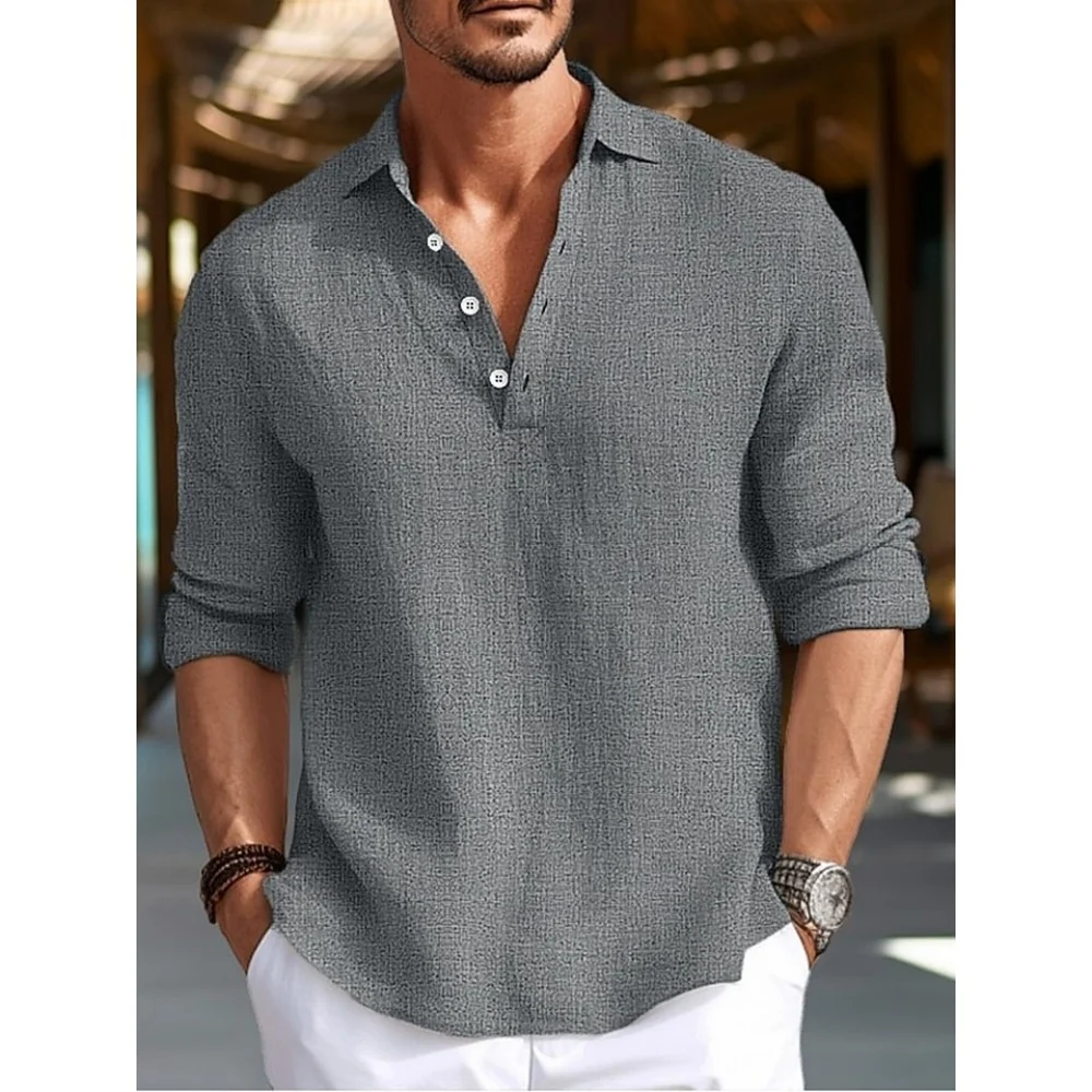 

Men's linen casual fashion long sleeved shirt solid color shirt, simple to wear, comfortable material, linen
