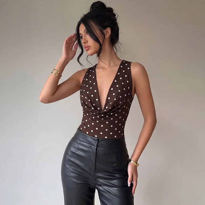 Women Retro Polka Dot Deep V Cowl Neck Sleeveless Bodysuit S XL