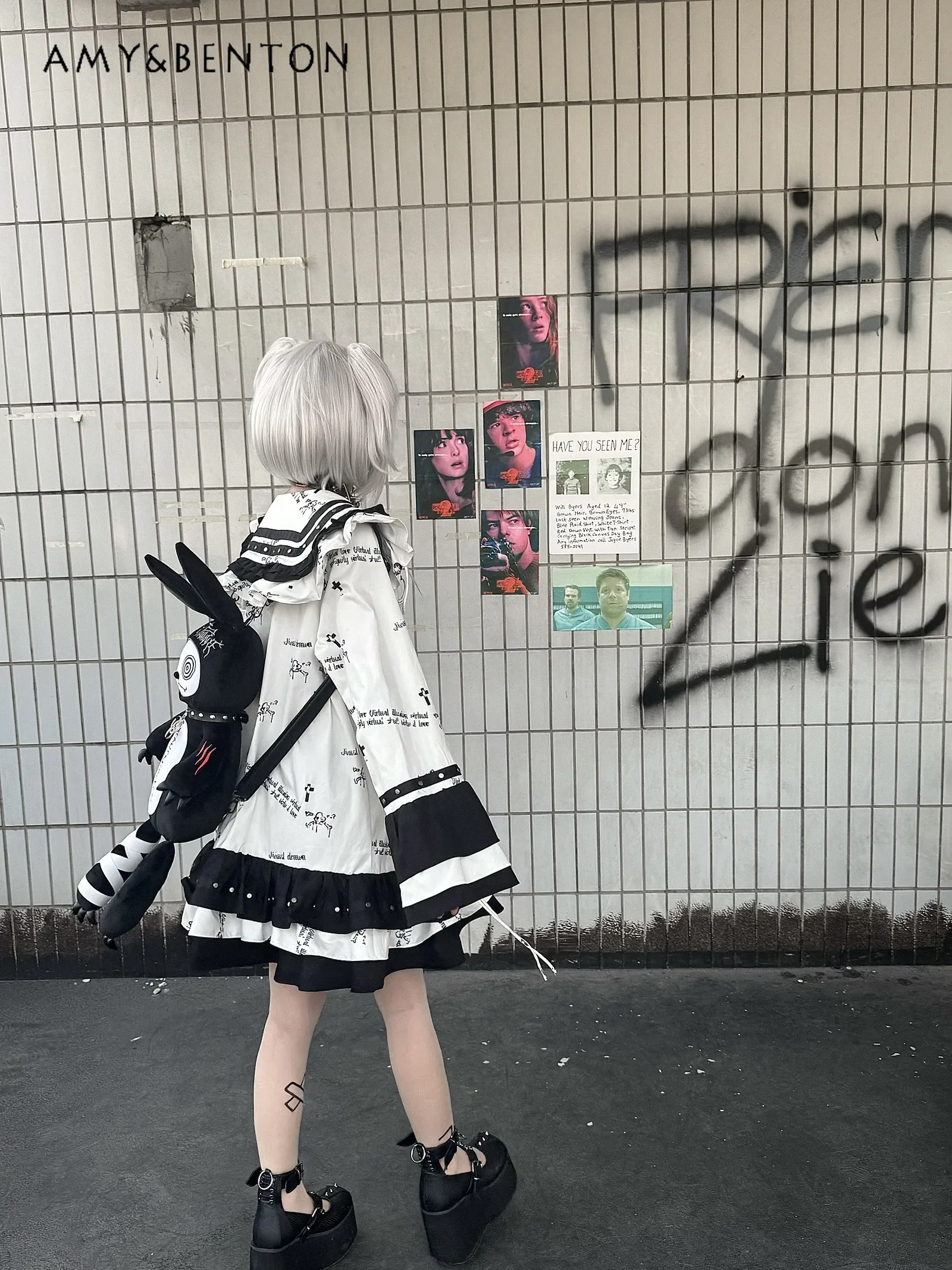 اليابانية Jk بحار دعوى الظلام فتاة ثقافة فرعية الكرتون طباعة كشكش حافة البحرية طوق فستان بكم طويل القوطي Y2K فساتين نمط فاسق