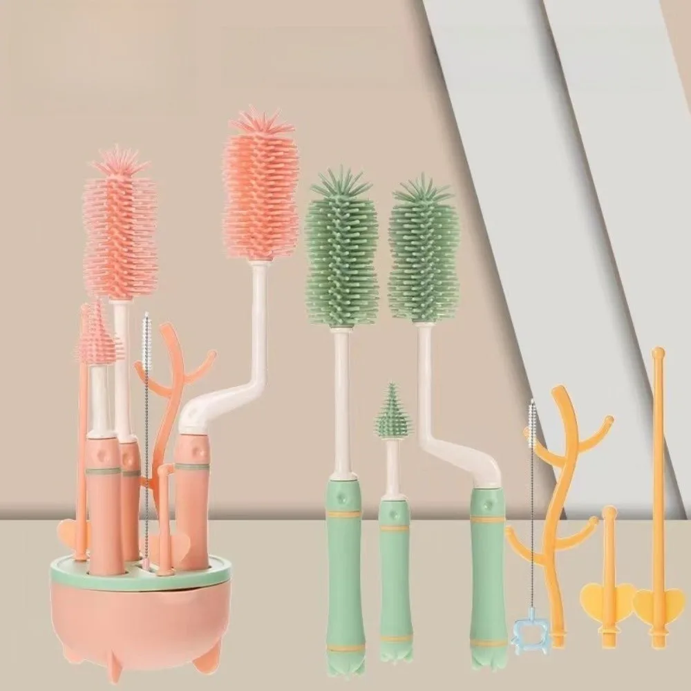 Soft Head Baby Bottle Cleaner Set Long Handle Nipple Dropper Bottle Cleaning Brush Silicone 360 Degree Rotation