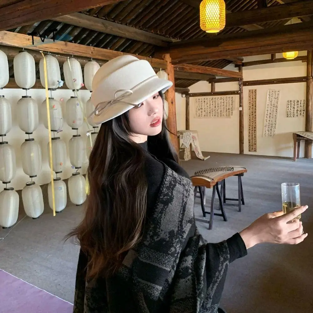 

Retro Bow Hepburn Style Topper Hat Camellia Flower French Style Woolen Bucket Hat Pearl Pure Color Wool Fisherman Hat Outdoor