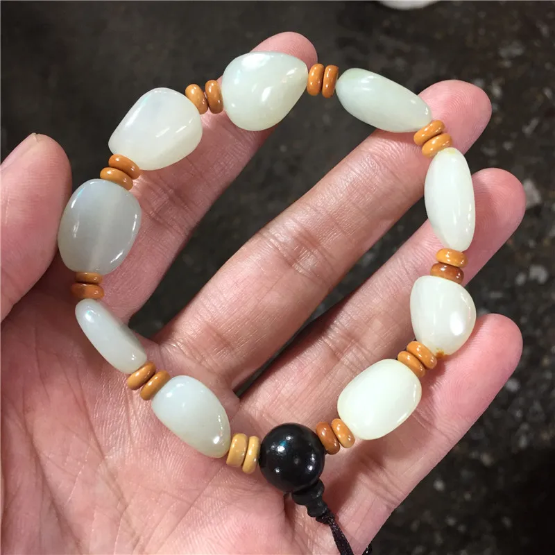 

Natural Hetian Jades Raw Jade Stone With Skin Nephrite Bracelet Men Women Genuine Chinese Hetian Jade Tumbled Stone Bracelets