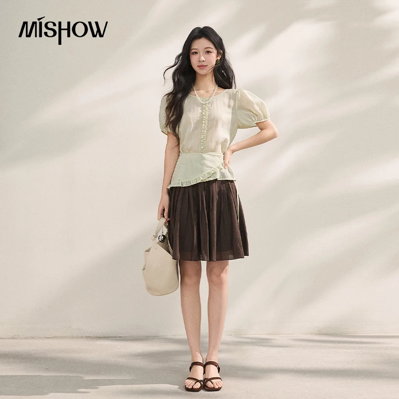 MISHOW 2026 Summer Lyocell Green Ruffle Blouse Women Elegant Puff Sleeve Top Ruffle Hem Detachable Pinaforen Shirt MXF22X2599