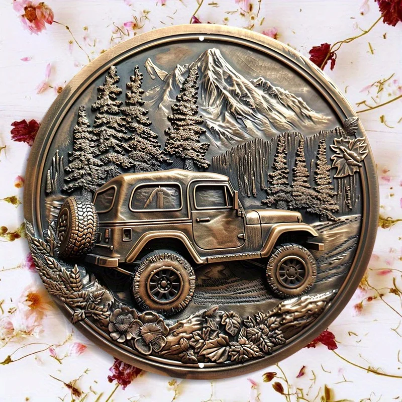 Waterproof Aluminum Metal Round Sign with Jeep and Trees 4x4 Coin - 8-inch Diameter HD Printed Wall Decor for Home