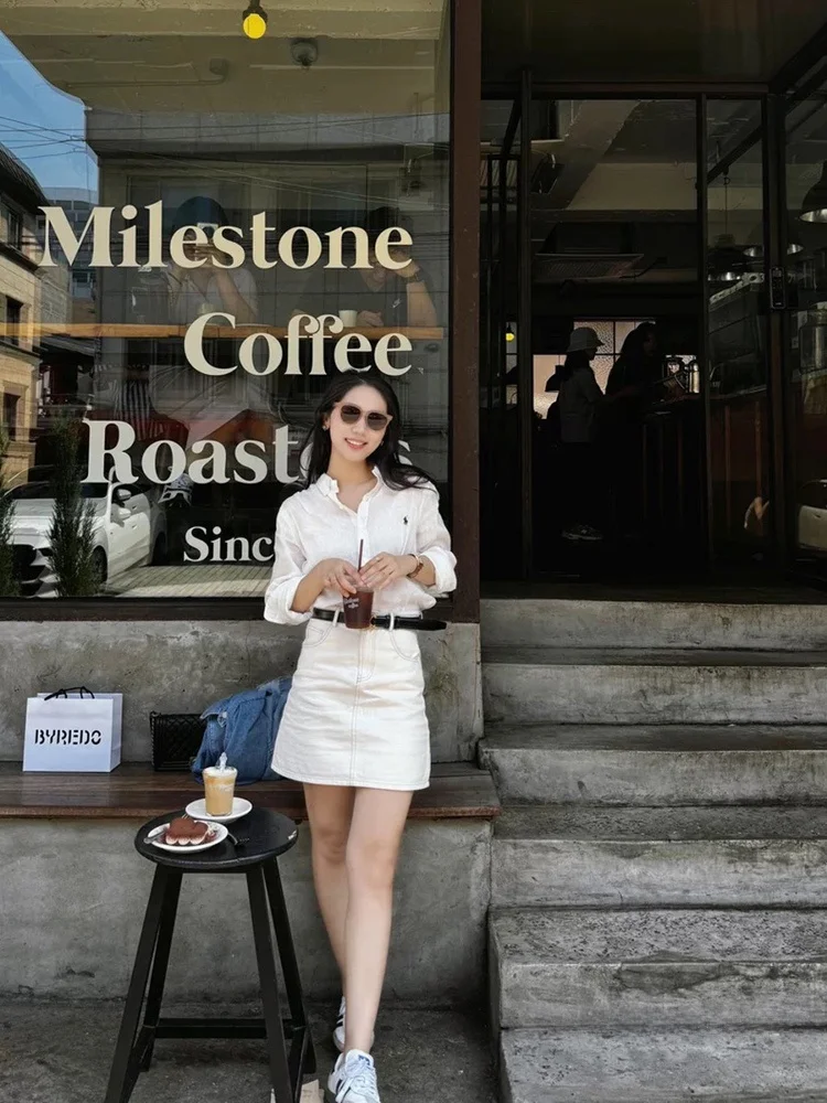 

Daily Wear Linen Korean Style White Simple Embroidery Long Sleeve Shirt Women Spring Casual Slim Fit Lightweight Summer