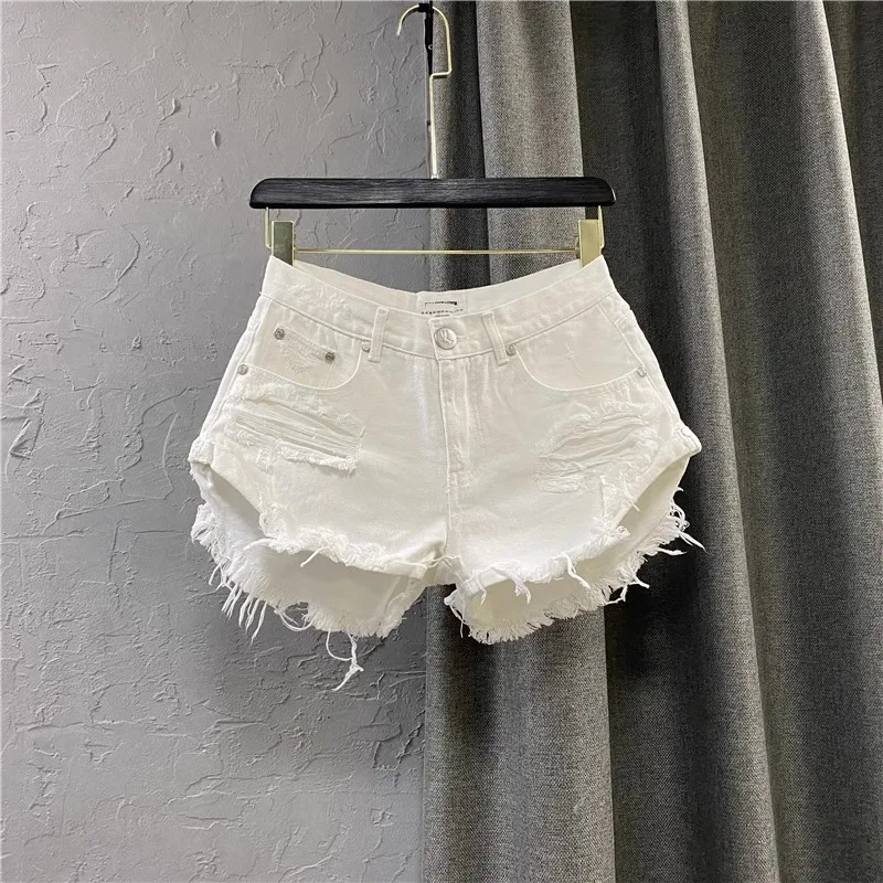 2026 New Summer Women's White Denim Shorts Stylish Ripped A line Wide Leg Hot Pants Casual Fashion Streetwear For Teens