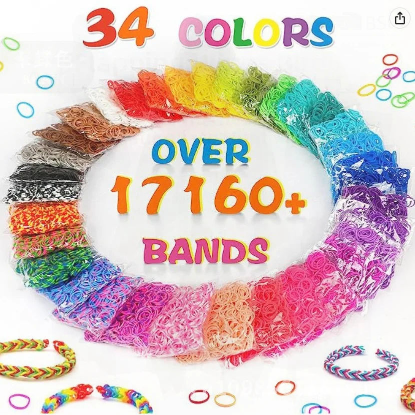 Juego de bandas de goma de 34 colores, 17160 + rejillas, sección luminosa, paquete de repuesto de pulsera de Color, juguete educativo Visual para niños