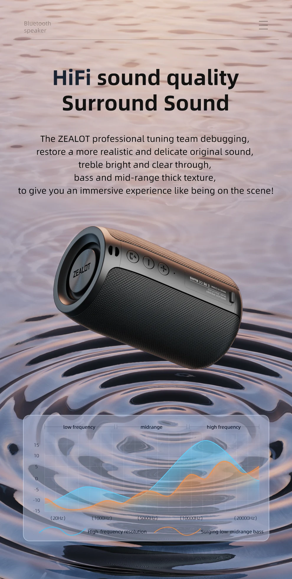 Zealot-S32 Mini Tragbarer Lautsprecher mit TWS, Bluetooth 5.3, Ausgewogenem Bass, IPX5 Wasserdicht für Alle Telefone, Outdoor – Detail 5