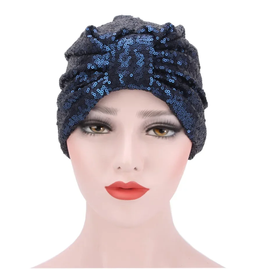 Women's Turban Hijab Hats Muslim Stretch Soft Indian Glitter Sequins Chemo Cap For Women Hair Loss Head Wraps Female Bonnet New