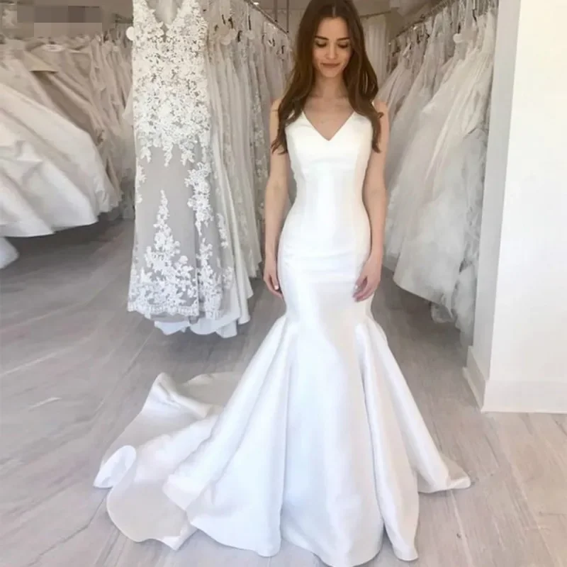 

Simple Mermaid Wedding Dresses 2024 Deep V Neck Sleeveless Satin Ivory Bridal Gowns For Bride Sweep Train Vestidos De Novia 2025