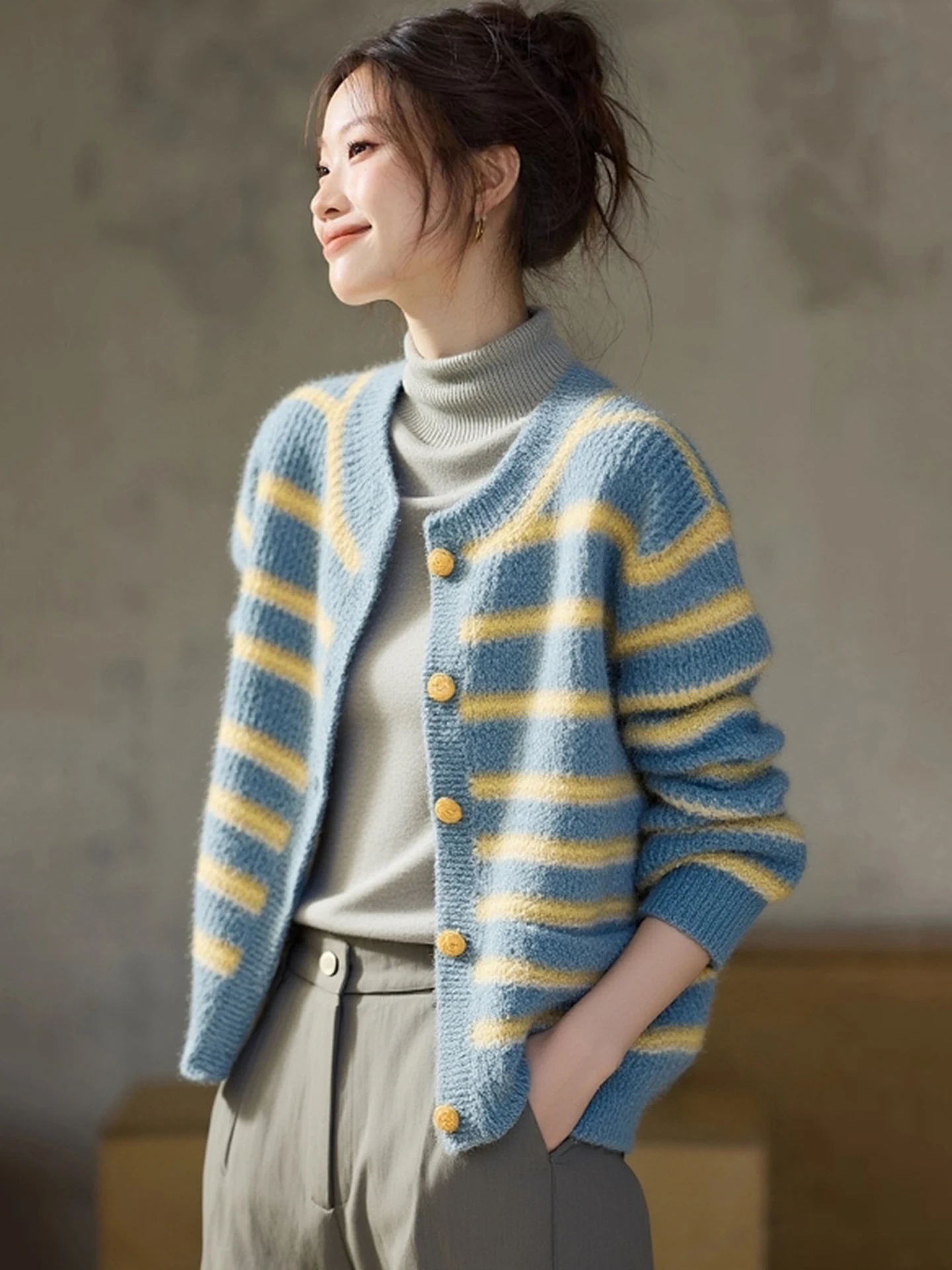 

Ele Striped Knitted Open Cardigan Comfortable Long Sve Women's Sweater Winter Casual Sle Top Faionable Euro Brand