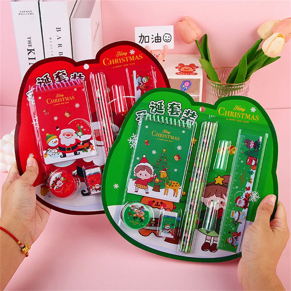 8Pcs Christmas Stationery Set Cute Pencils Eraser Note Pads Ruler Children's Writing Drawing Tools Student Stationery Xmas Gift