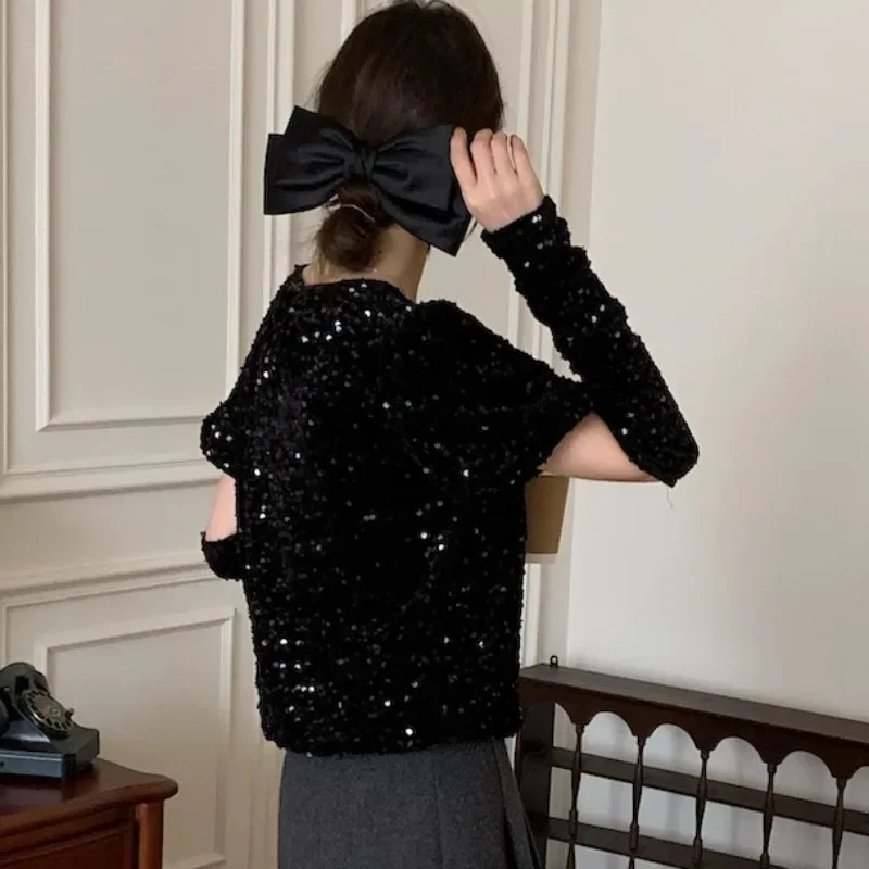 Spliced Sequined 2024 New Women Clothing Round Neck Ropa Mujer Fashion Loose Camisas Korean Elegant Tops with Oversleeve