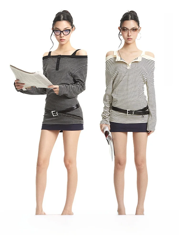 

Женский топ UNCMHISEX в американском стиле, с одним открытым плечом, в полоску, с вышивкой букв, длинными рукавами, повседневный, классический, с комбинированными вставками