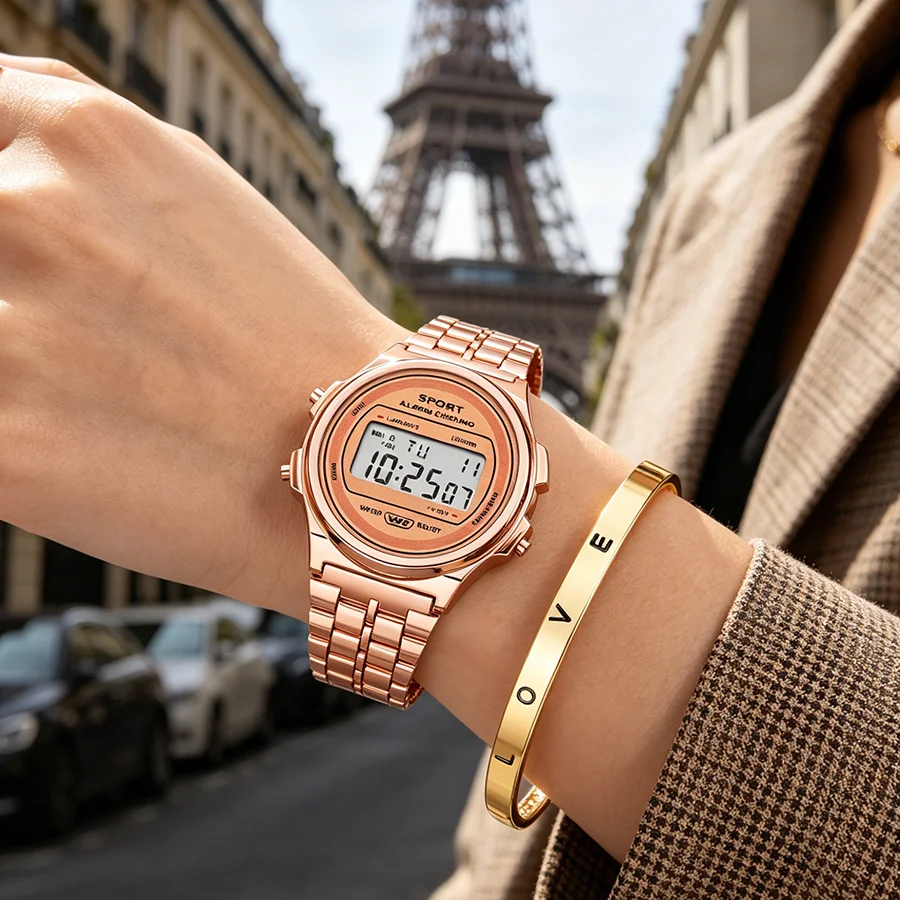 Luxury Women Watches Non-Waterproof LED Electronic Wristwatch Multi-Functional Steel Band Business Sports Clock for Men Female