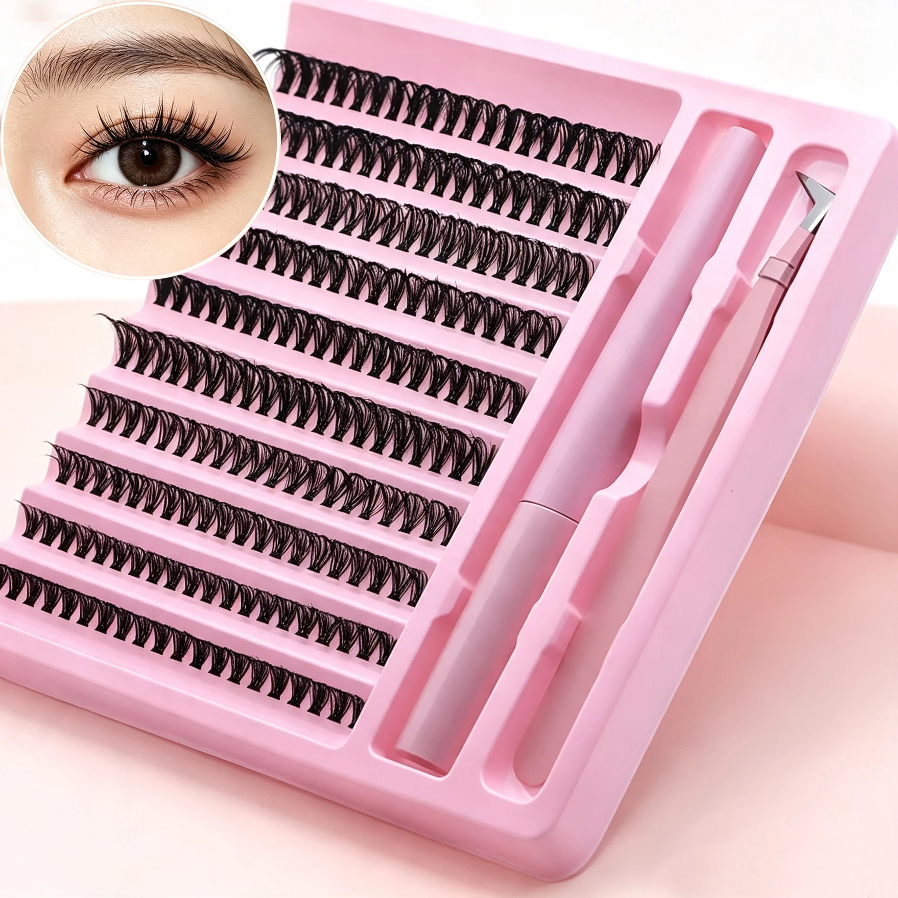 DIY Cluster Lash Kit Large Capacity Fluffy Individual Lashes D Curl Wispy False Eyelashes All In One Set With Bond and Tweezers