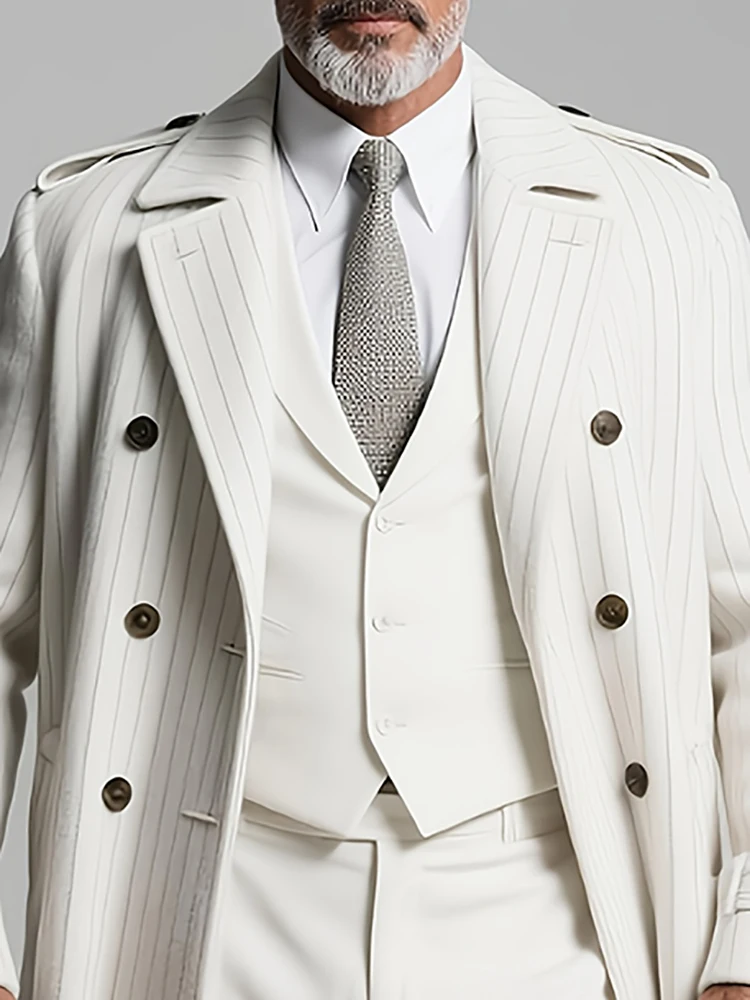 

Men's Pinstripe Business Lapel Double Breasted Mid-Length Men's Overcoat White Winter Keep Warm Fashion Office Long Outerwears