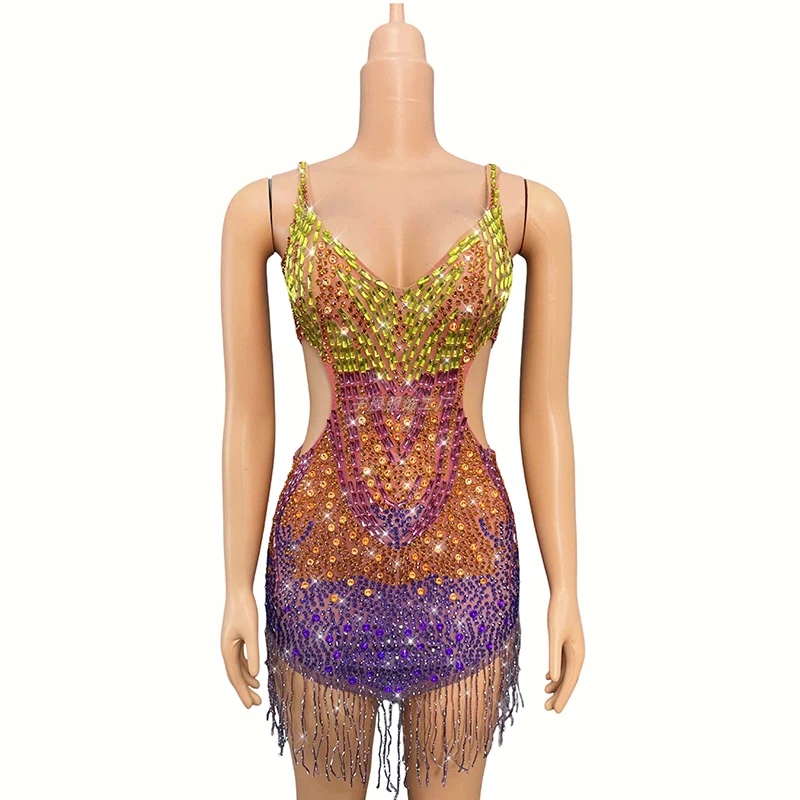2025 Glitter Party Show Outfit Kleurrijke Strass Korte Jurken Sexy Hollow Out Fringe Jurk Prom Clubwear Vrouwen Toneelkostuum