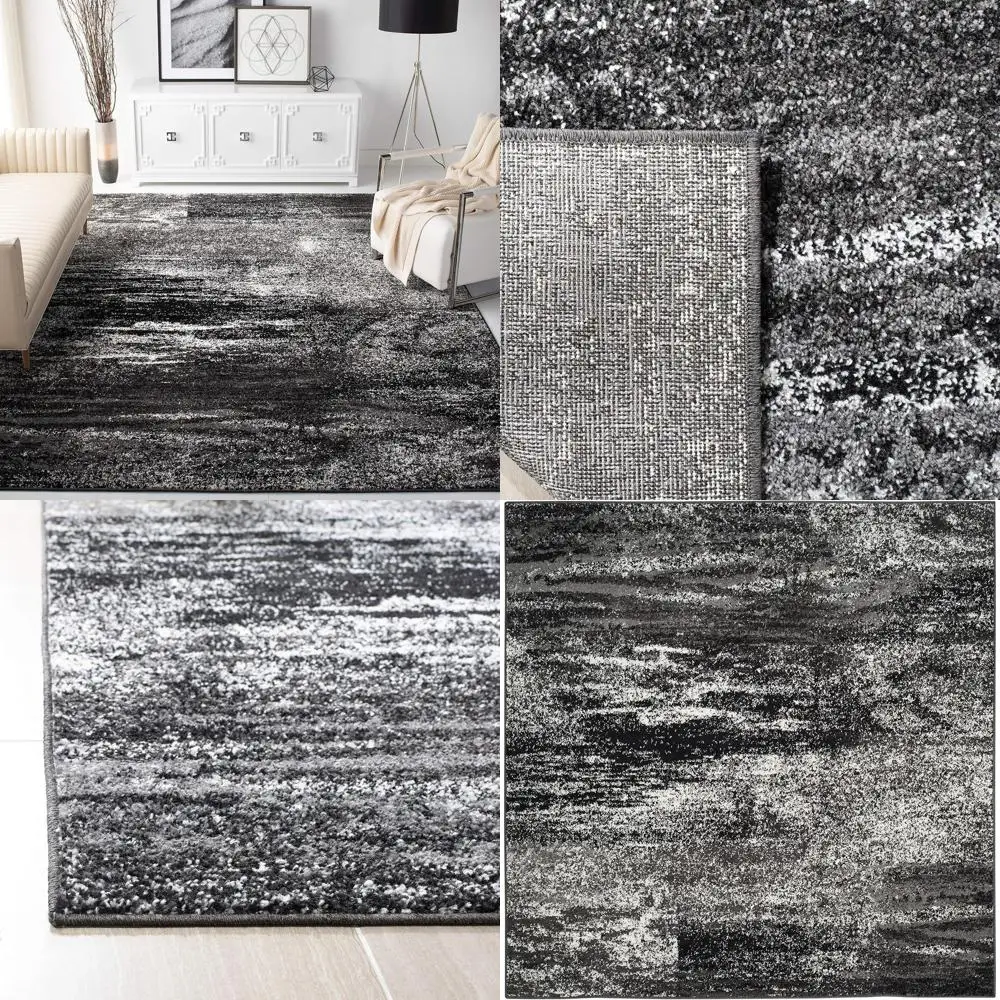 

6' Square Silver & Black Abstract Rug, Non-Shedding, Easy Maintenance, Perfect for Living & Bedroom High Traffic Areas