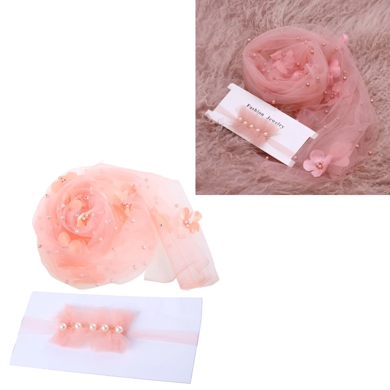 2Pcs Newborn Baby Photography Props Long Wrap Beads Flower Decoration DIY Girl Boy Photo Props Blanket with Headbands