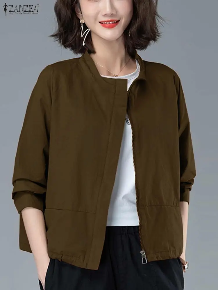 ZANZEA Podzimní stojáček Elegantní bundy Dámské zip Jednobarevné Módní kabáty Dlouhý rukáv Kapsy Vysoký pas Neformální OL Vrchní kabáty - náhled 3
