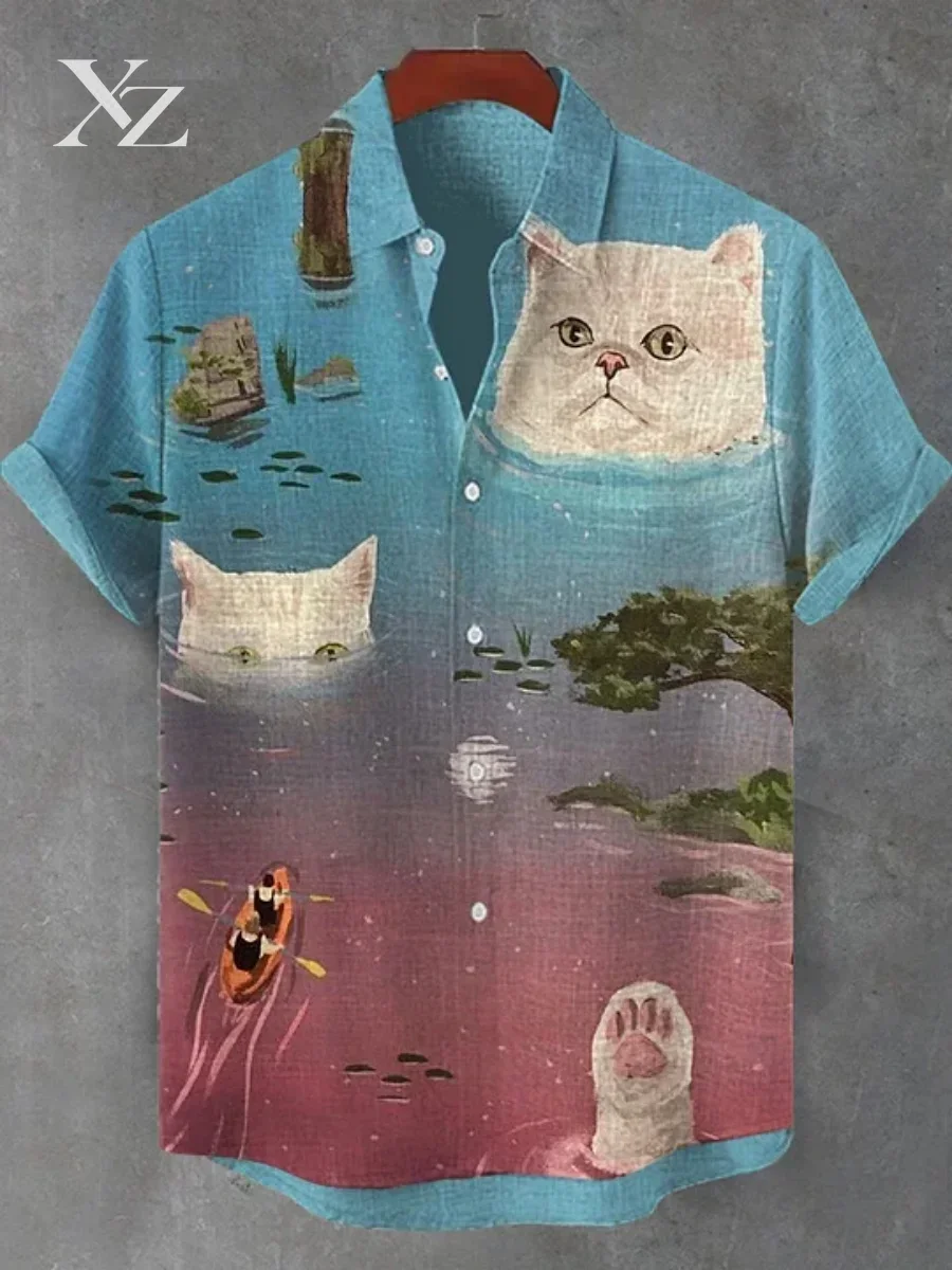 Men's 2026 Summer Peacock Print Short Sleeve Shirt Casual Loose Breathable Hawaiian Resort Top Trendy