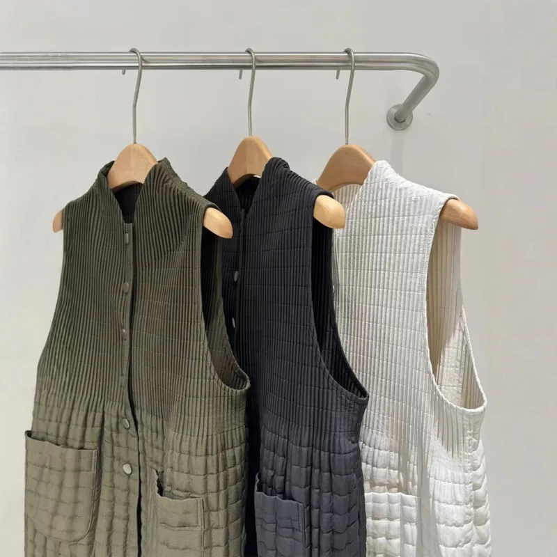 YFPF Autumn Winter New Women's Vest Coat Pleated Design Sleeveless Button Solid Color Casual Jacket Fashion 2025 Clothing