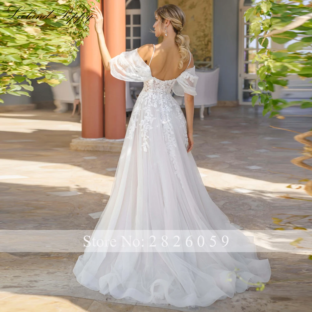 Lceland Poppy Customized A Line Sexy High Split Tulle Wedding Dresses Floor Length Off the Shoulder Appliques Bridal Gowns