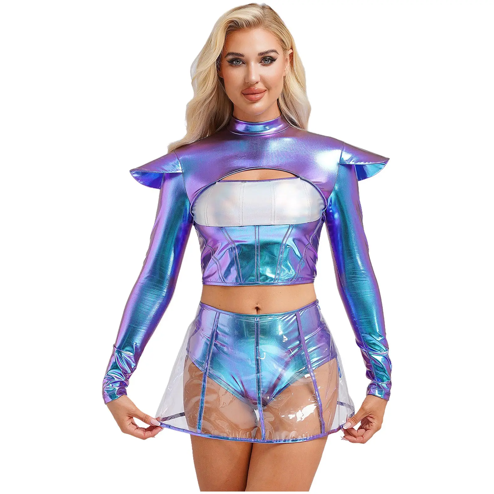 الغريبة زي المرأة الفضاء الخارجي 2 قطعة رائد الفضاء الدعاوى المحاصيل الأعلى مع تنورة شفافة هالوين لعب الأدوار زي