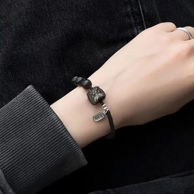 Natural Silver Obsidian Bracelet Lion Awakening Woven Rope Cat Hand Rope Light Luxury Niche Delicate for Lovers Hand String