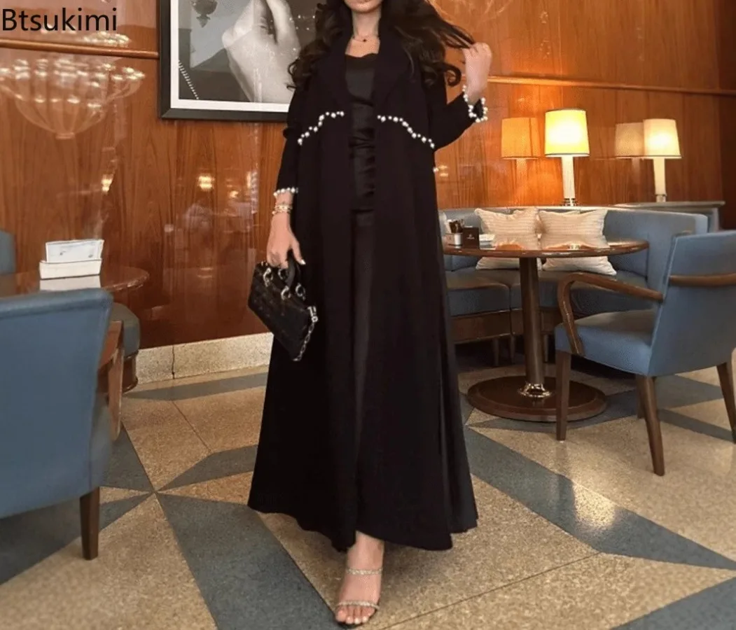 

Мусульманская абайя с жемчужной отделкой для женщин, 2026 год, кардиган с бисером для Рамадана, плиссированное длинное платье, марокканский кафтан, роба, праздничное платье из Дубая, джалабия