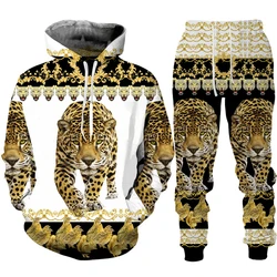 Men's Hoodies Suit Leopard Golden Pattern Tracksuit Set 3D Print Casual Fashion Sportswear Jogging Clothes For Men Clothing