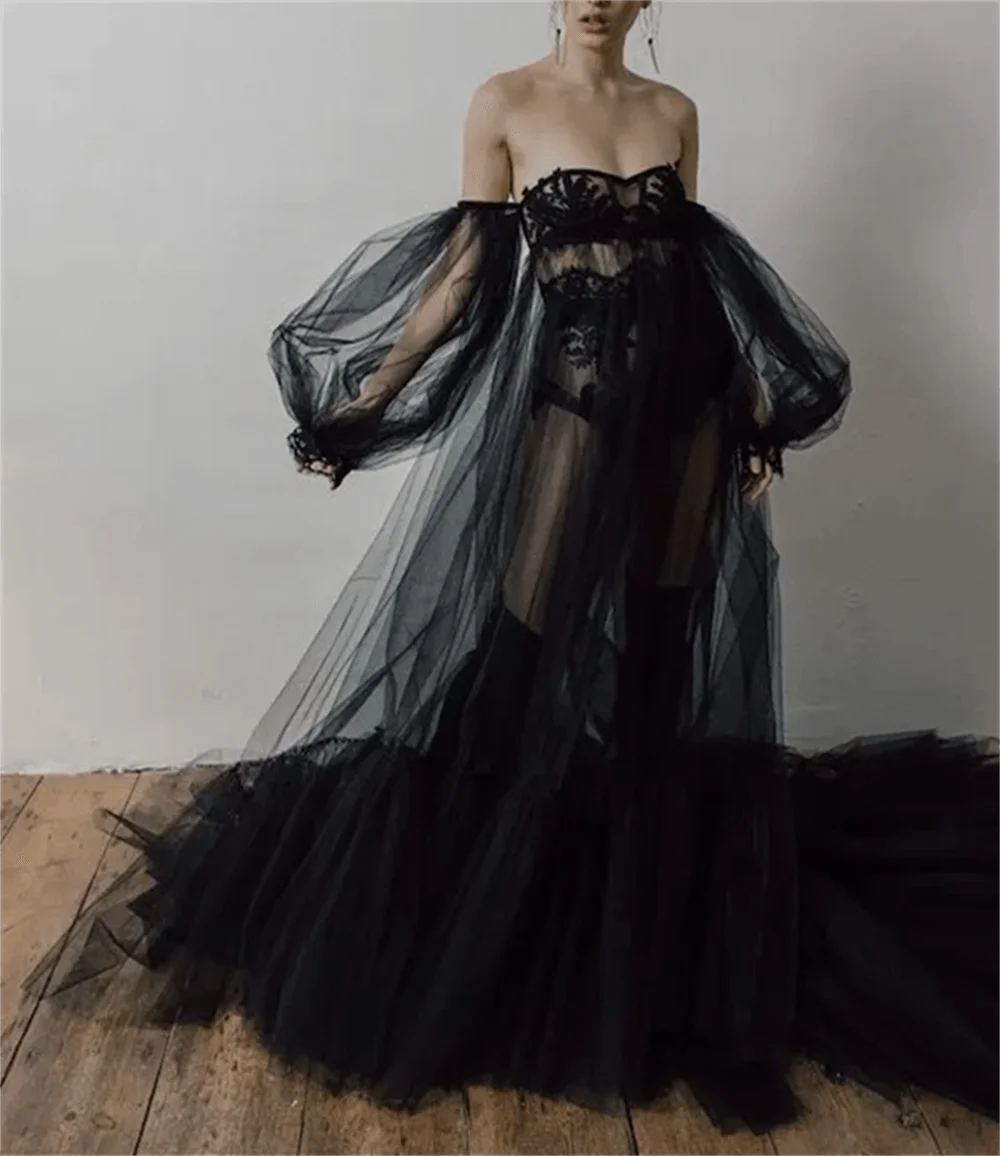 

14517#Black Bridal Wedding Party Dress with Train Shadow See Thru Ruffled Tulle Photo Shooting Gowns Prom Event Gala Dress 2023