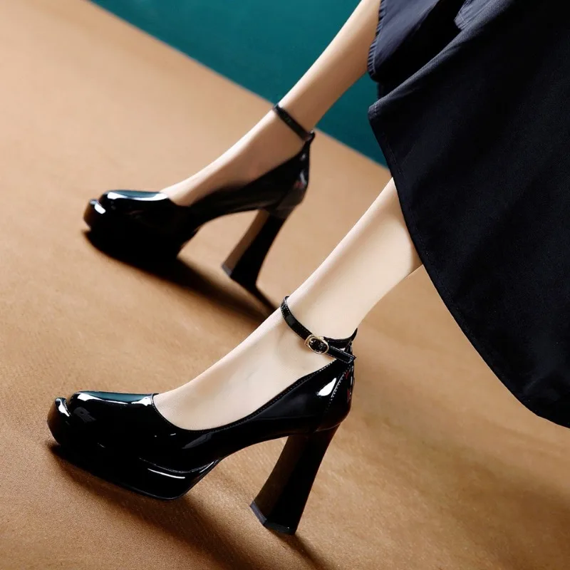 

Women's Fashion Super High Heel Shoes Autumn New Square Head Shallow Mouth Waterproof Platform One Line Buckle Heels