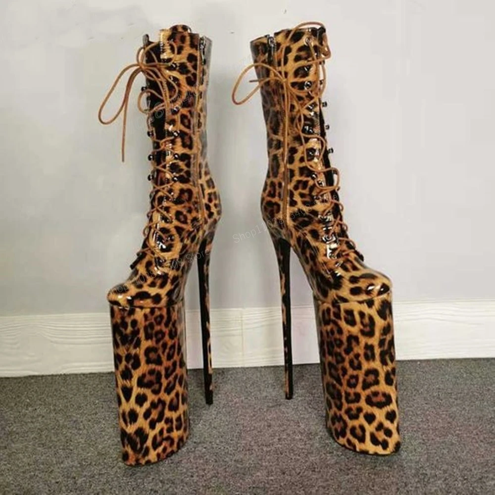 Leopard Pattern Platform Mid Calf Boots Cross Tied 30cm Stiletto High Heel Sexy Women Shoes 2024 Spring Zapatos Para Mujere