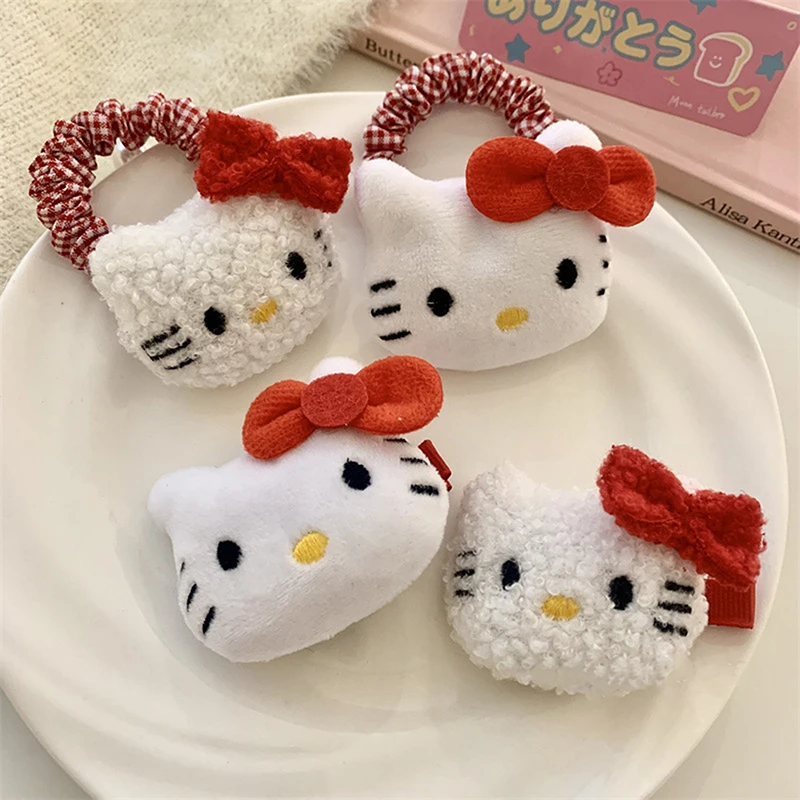 Sanurgente-Barrettes en peluche mignonnes pour filles, cravates élastiques, épingle à cheveux de dessin animé Kawaii, accessoires de mode, Hello Kitty, doux, cadeau