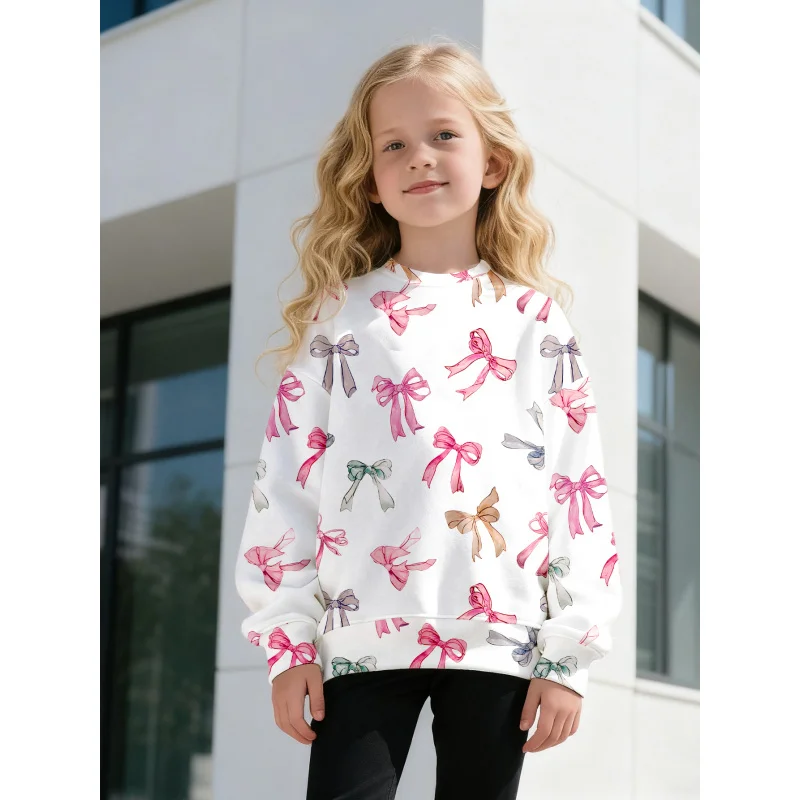

2026 Spring and Autumn Girls Sweet Bow Full Print Sweatshirt Children's Cute Round Neck Pullover Casual Top
