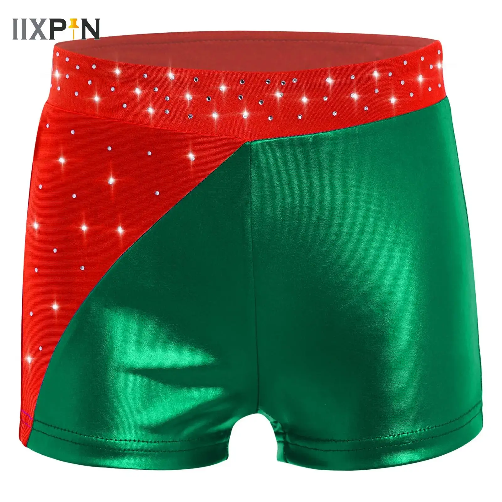 

Girls Gymnastic Short Shiny Rhinestones Metallic Color Block Shorts for Ballet Dance Athletic Tumbling Performance