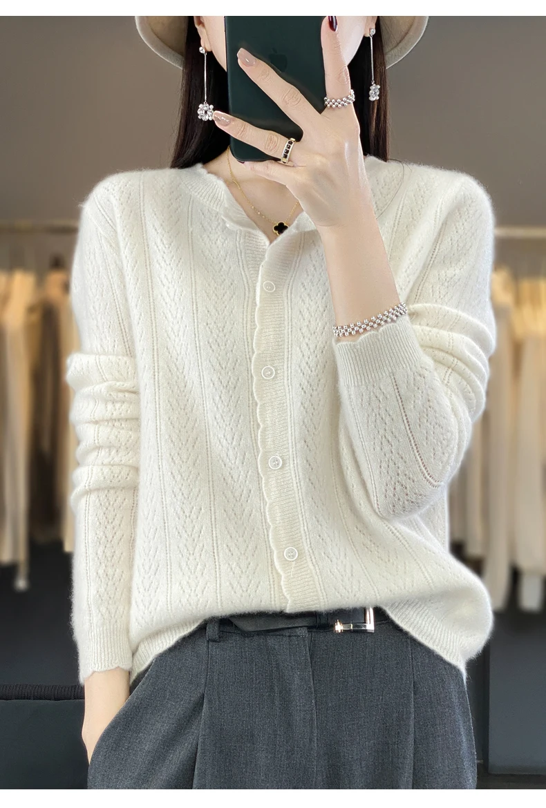 

2024 New 100% Merino Wool Sweater Women Solid Gingham Autumn Winter O-Neck Cardigan Knitwear Casual Cashmere Clothing Tops