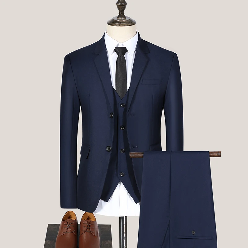 

Korean-style three-piece business casual professional groom's suit, double-buttoned men's fitted formal attire, new groom's suit