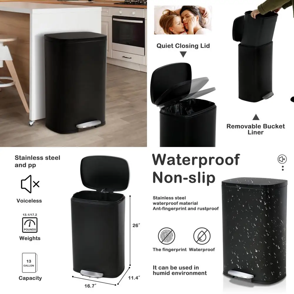 

13 gallon tall stainless steel kitchen trash can with lid, foot pedal, and inner bucket, fingerprint resistant